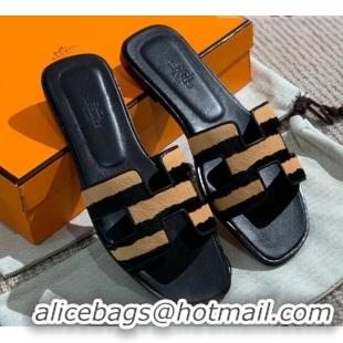 Perfect Hermes Oran Shiny Leather H Slide Sandals 061175 Black/Beige 2021