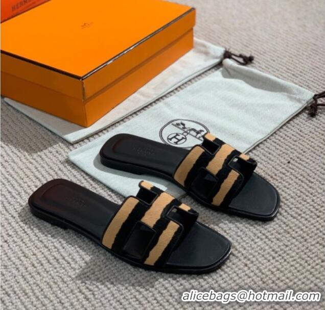 Perfect Hermes Oran Shiny Leather H Slide Sandals 061175 Black/Beige 2021