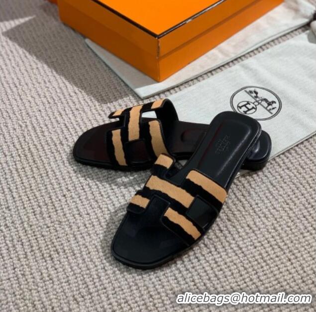 Perfect Hermes Oran Shiny Leather H Slide Sandals 061175 Black/Beige 2021