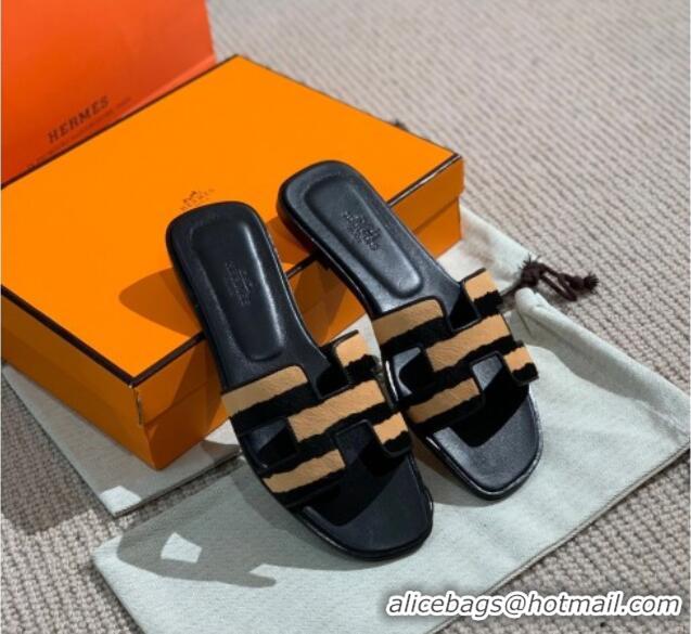 Perfect Hermes Oran Shiny Leather H Slide Sandals 061175 Black/Beige 2021