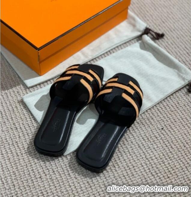 Perfect Hermes Oran Shiny Leather H Slide Sandals 061175 Black/Beige 2021