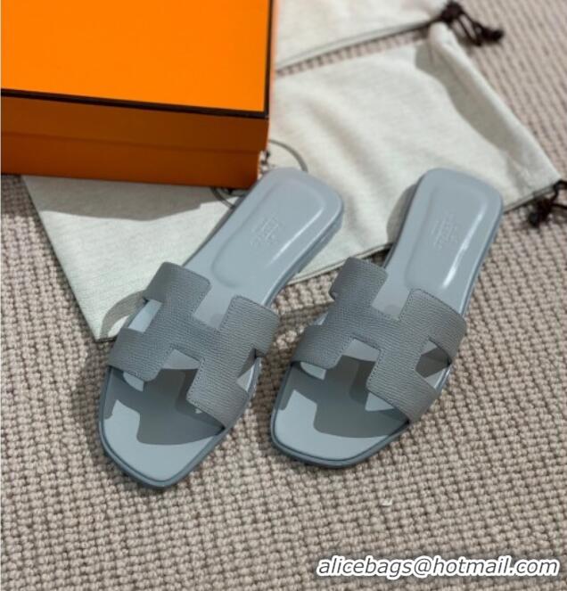 Funny Hermes Oran Grained Leather H Slide Sandals 061178 Light Grey 2021