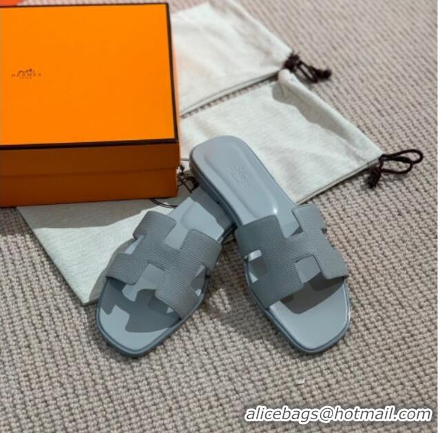 Funny Hermes Oran Grained Leather H Slide Sandals 061178 Light Grey 2021