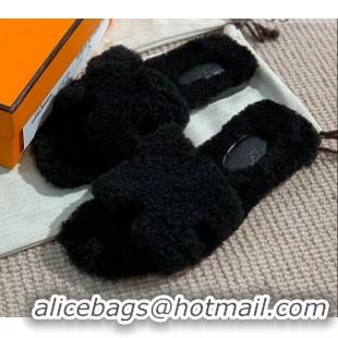 Grade Design Hermes Oran Wool H Slide Sandals 061179 Black 2021