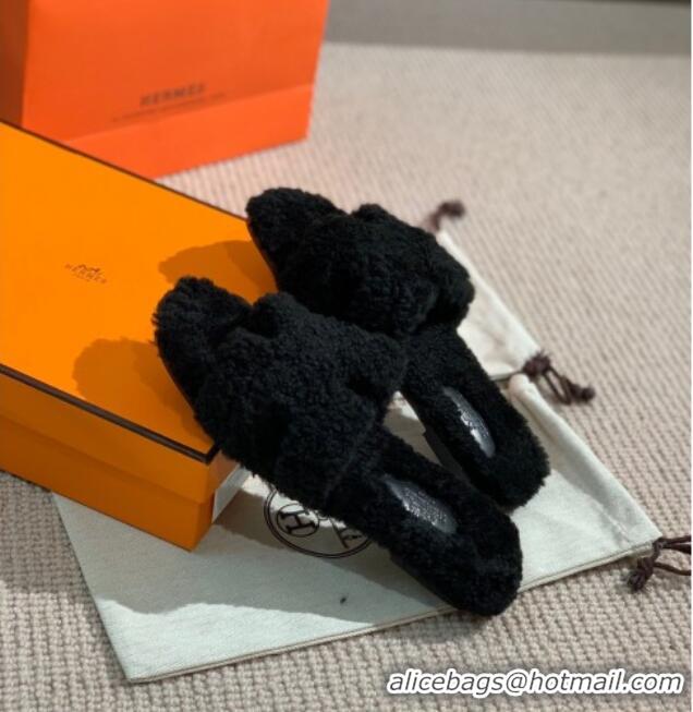 Grade Design Hermes Oran Wool H Slide Sandals 061179 Black 2021