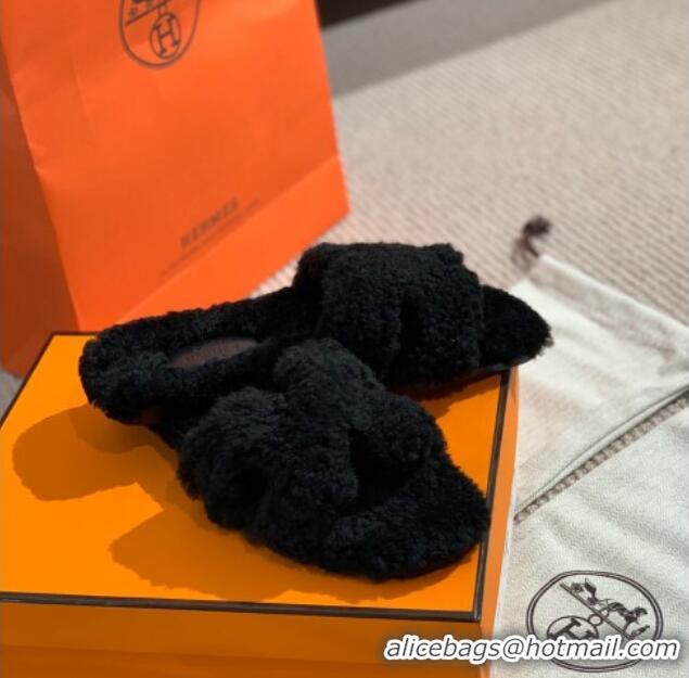 Grade Design Hermes Oran Wool H Slide Sandals 061179 Black 2021