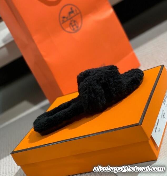 Grade Design Hermes Oran Wool H Slide Sandals 061179 Black 2021