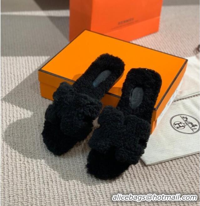 Grade Design Hermes Oran Wool H Slide Sandals 061179 Black 2021