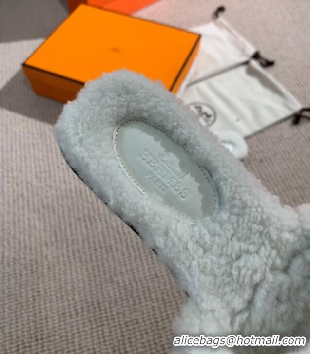 Top Quality Hermes Oran Wool H Slide Sandals 061180 White 2021