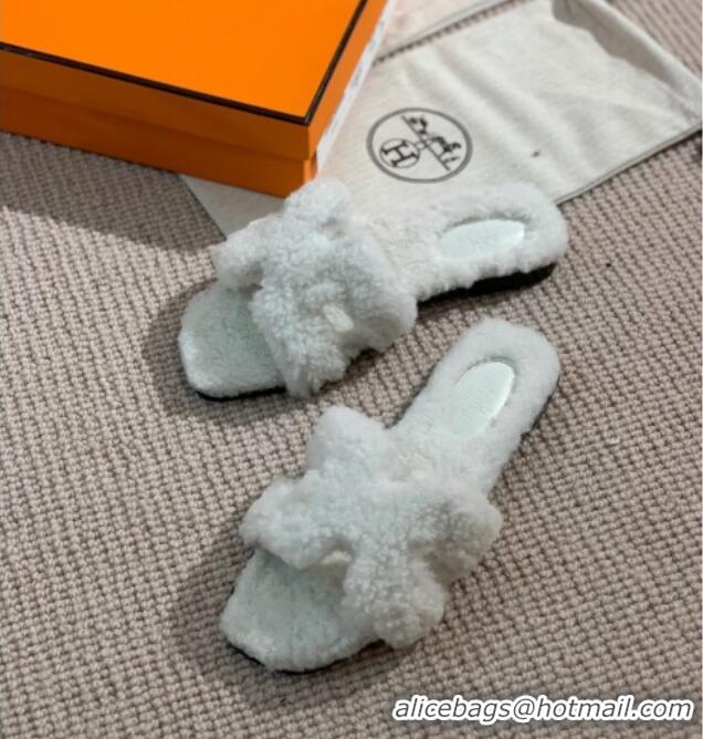 Top Quality Hermes Oran Wool H Slide Sandals 061180 White 2021