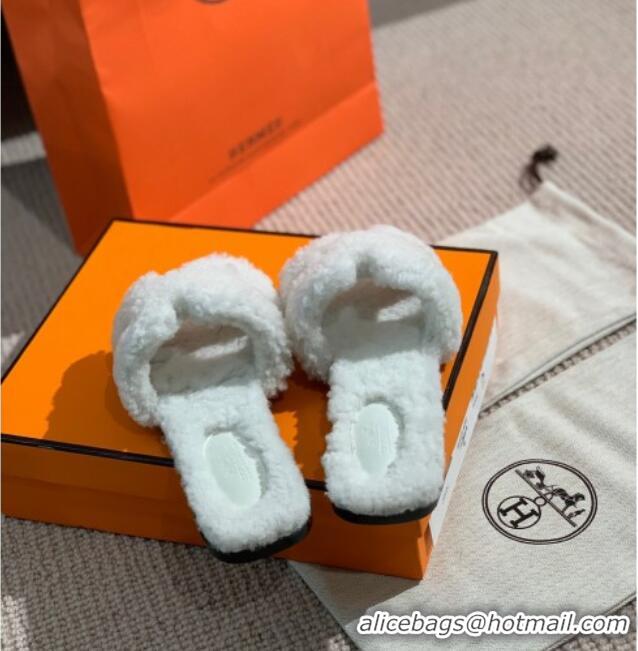 Top Quality Hermes Oran Wool H Slide Sandals 061180 White 2021