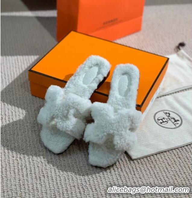 Top Quality Hermes Oran Wool H Slide Sandals 061180 White 2021