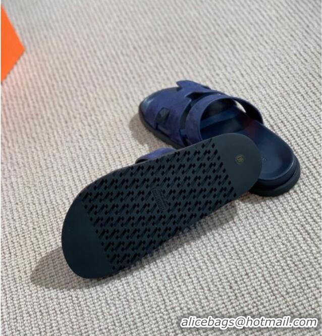 Super Quality Hermes Chypre Suede H Flat Mules 061181 Navy Blue