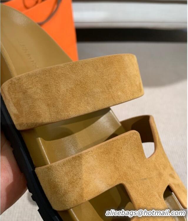 Unique Grade Hermes Chypre Suede H Flat Mules 061183 Camel Brown 2021