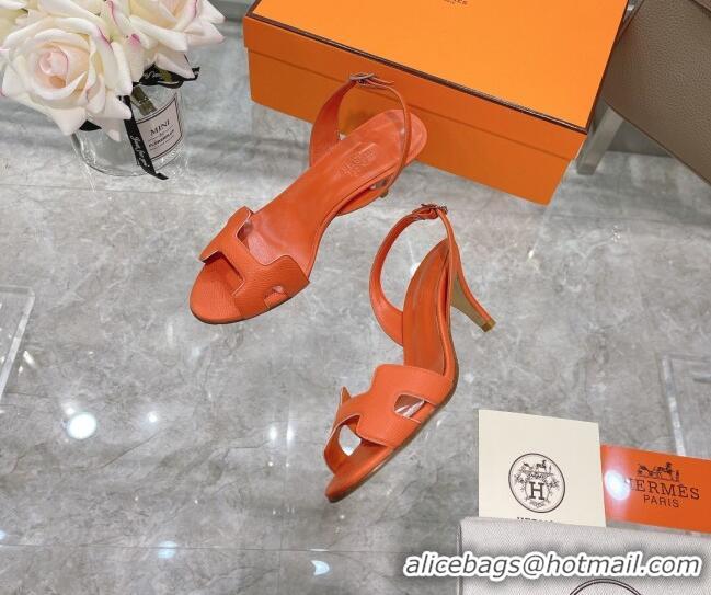 Super Quality Hermes Leather Heeled Sandals 7cm 061184 Orange