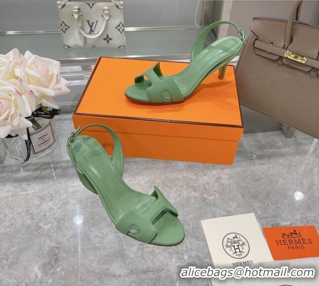 Custom Hermes Leather Heeled Sandals 7cm 061184 Green