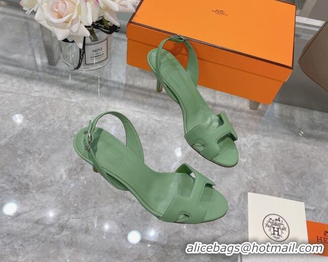 Custom Hermes Leather Heeled Sandals 7cm 061184 Green