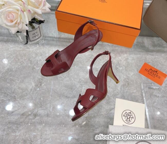 Best Quality Hermes Leather Heeled Sandals 7cm 061184 Burgundy