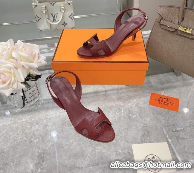 Best Quality Hermes Leather Heeled Sandals 7cm 061184 Burgundy