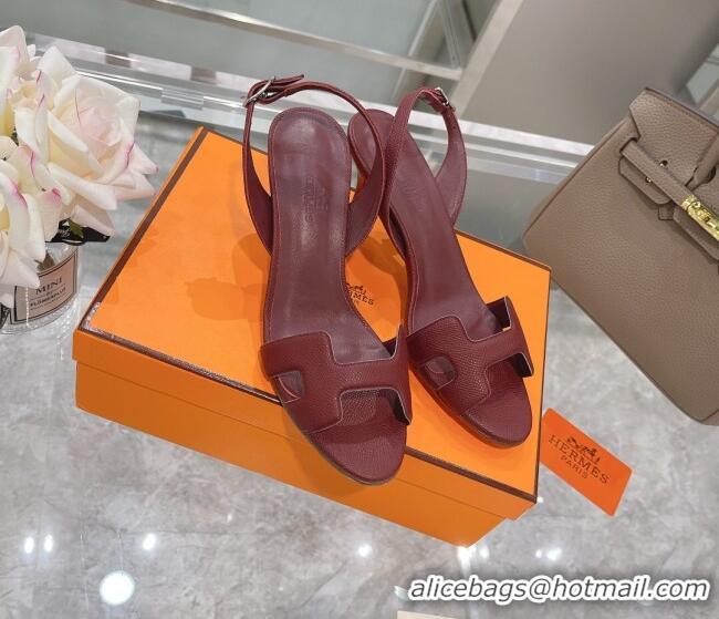 Best Quality Hermes Leather Heeled Sandals 7cm 061184 Burgundy