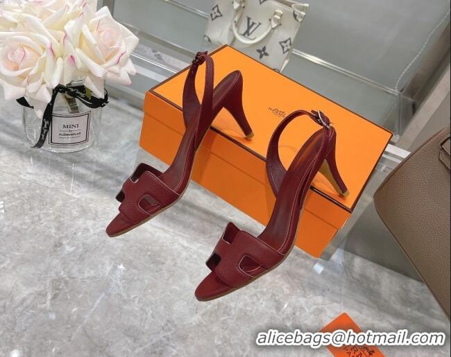 Best Quality Hermes Leather Heeled Sandals 7cm 061184 Burgundy