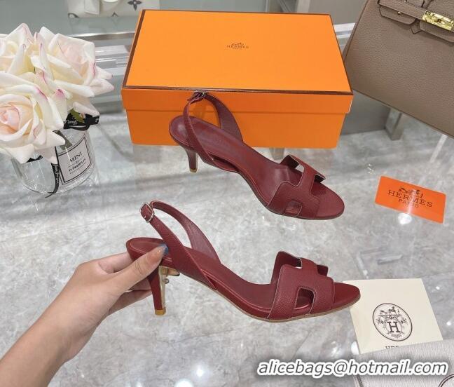 Best Quality Hermes Leather Heeled Sandals 7cm 061184 Burgundy