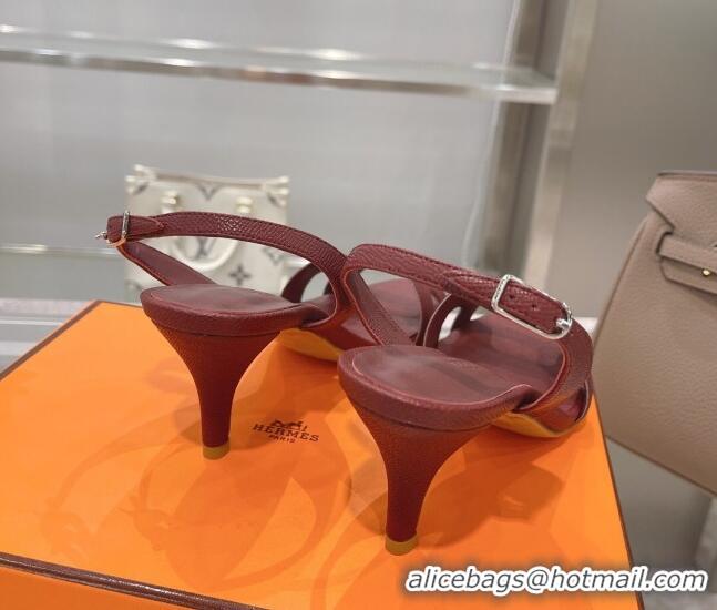 Best Quality Hermes Leather Heeled Sandals 7cm 061184 Burgundy