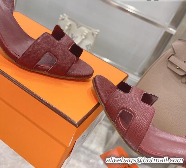 Best Quality Hermes Leather Heeled Sandals 7cm 061184 Burgundy