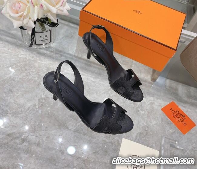 New Style Hermes Leather Heeled Sandals 7cm 061184 Black