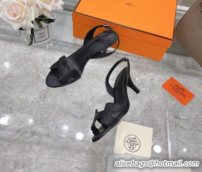 New Style Hermes Leather Heeled Sandals 7cm 061184 Black