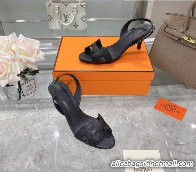 New Style Hermes Leather Heeled Sandals 7cm 061184 Black