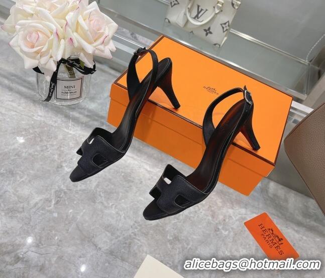 New Style Hermes Leather Heeled Sandals 7cm 061184 Black