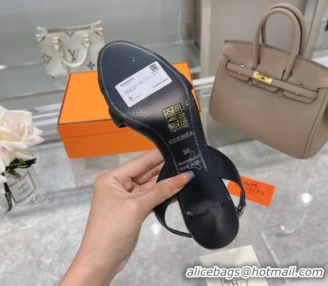 New Style Hermes Leather Heeled Sandals 7cm 061184 Black