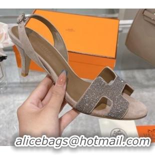 Discount Hermes Suede Crystal Heeled Sandals 7cm 061192 Grey 2021