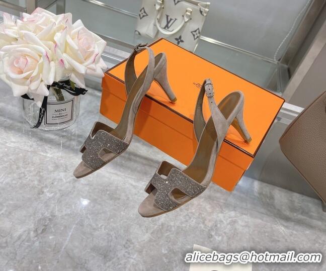 Discount Hermes Suede Crystal Heeled Sandals 7cm 061192 Grey 2021