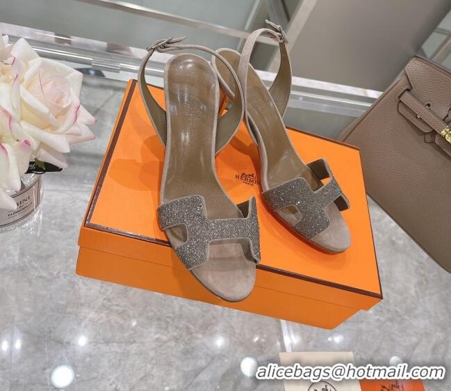 Discount Hermes Suede Crystal Heeled Sandals 7cm 061192 Grey 2021