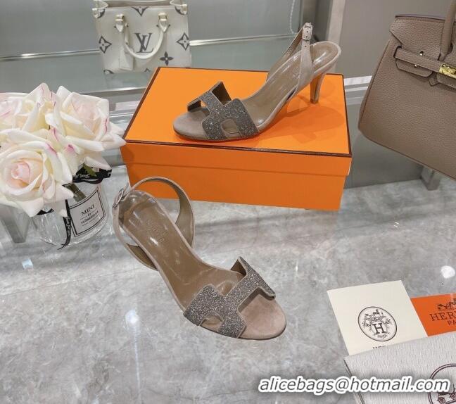 Discount Hermes Suede Crystal Heeled Sandals 7cm 061192 Grey 2021