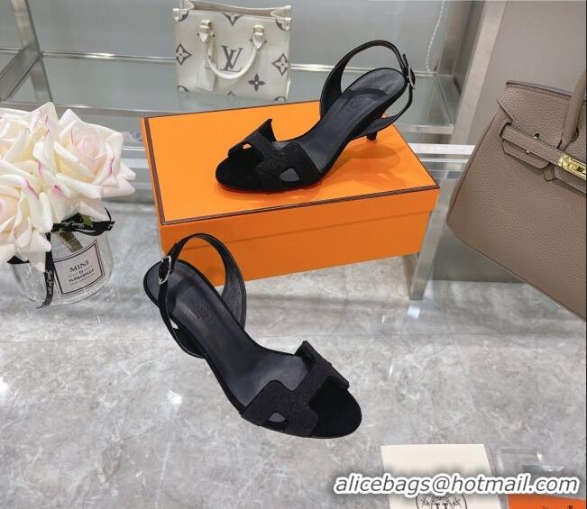 Luxury Hermes Suede Crystal Heeled Sandals 7cm 061192 Black 2021