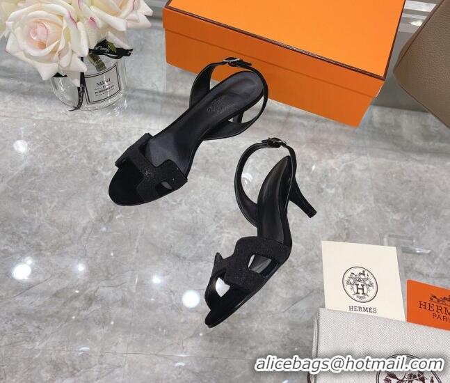 Luxury Hermes Suede Crystal Heeled Sandals 7cm 061192 Black 2021