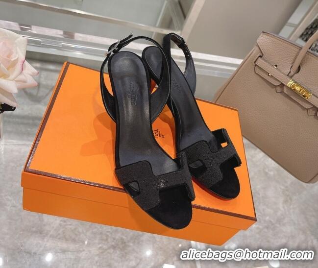 Luxury Hermes Suede Crystal Heeled Sandals 7cm 061192 Black 2021