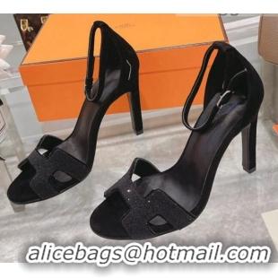 Sumptuous Hermes Premiere Crystal H Heel 10.5cm Sandals 070201 Black