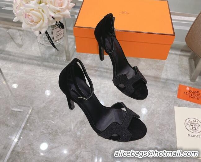 Sumptuous Hermes Premiere Crystal H Heel 10.5cm Sandals 070201 Black