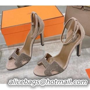 Crafted Hermes Premiere Crystal H Heel 10.5cm Sandals 070201 Grey