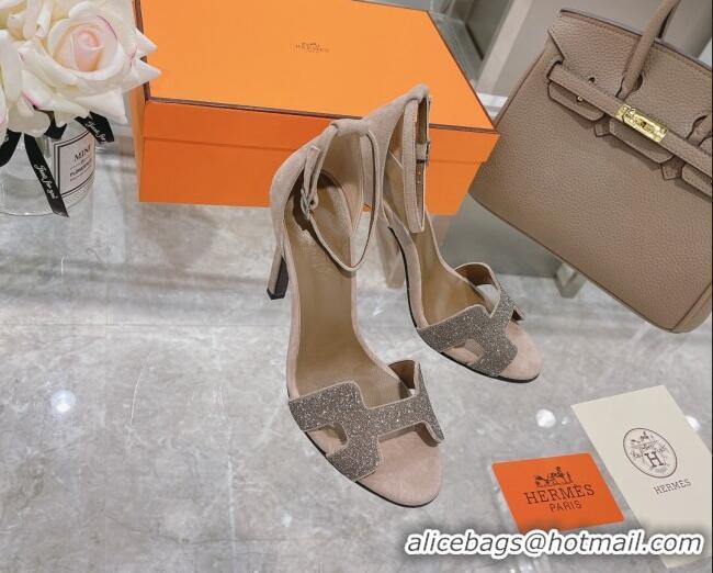 Crafted Hermes Premiere Crystal H Heel 10.5cm Sandals 070201 Grey