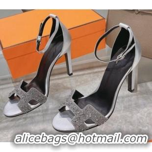 Best Luxury Hermes Premiere Crystal H Heel 10.5cm Sandals 070201 Silver