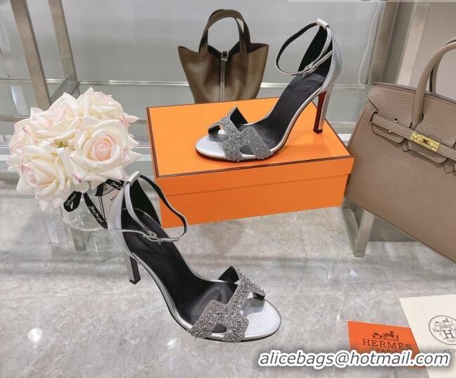 Best Luxury Hermes Premiere Crystal H Heel 10.5cm Sandals 070201 Silver