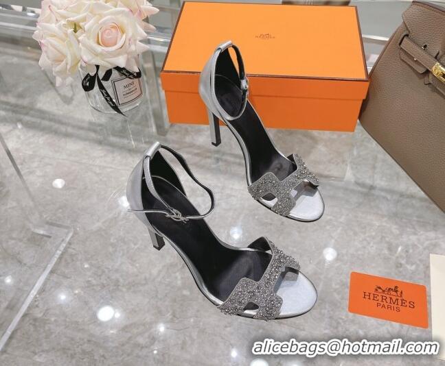 Best Luxury Hermes Premiere Crystal H Heel 10.5cm Sandals 070201 Silver