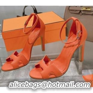 Discount Hermes Premiere Grained Leather Heel 10.5cm Sandals 070211 Orange