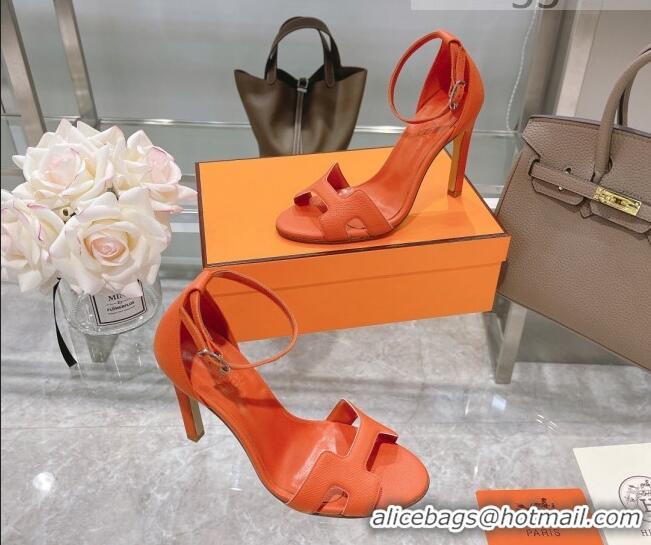 Discount Hermes Premiere Grained Leather Heel 10.5cm Sandals 070211 Orange