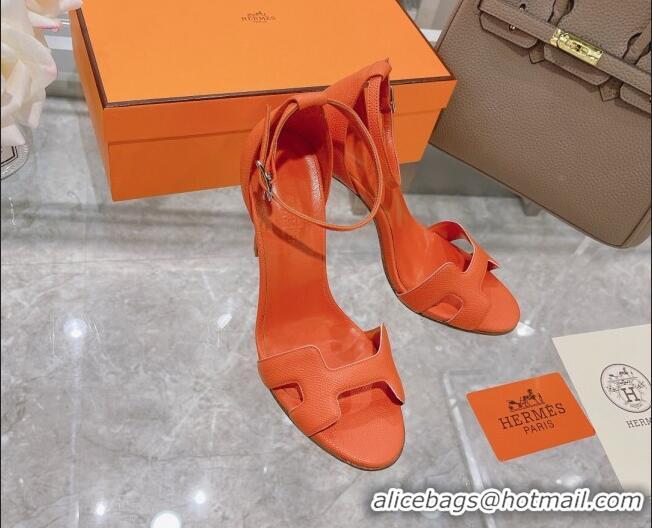 Discount Hermes Premiere Grained Leather Heel 10.5cm Sandals 070211 Orange